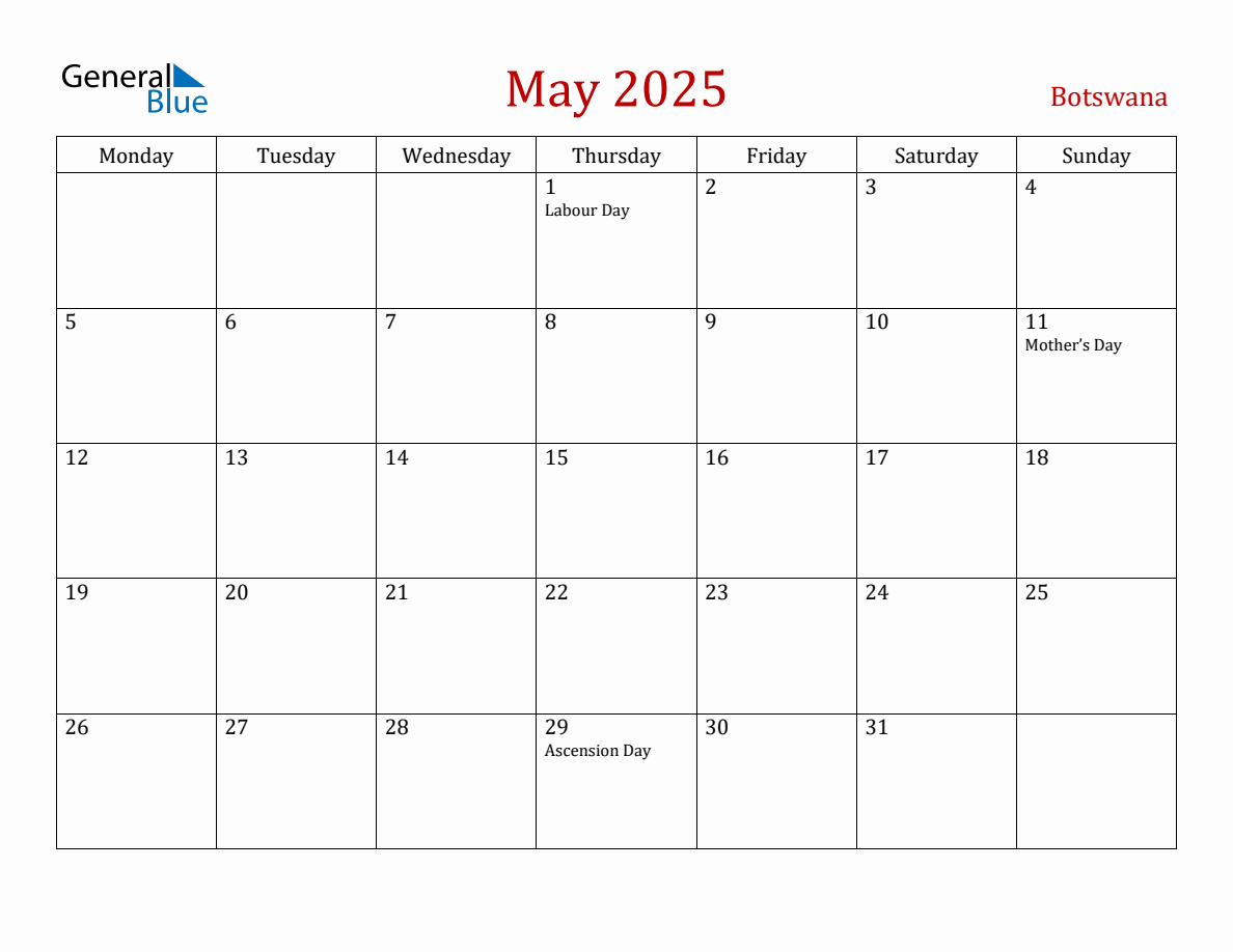 May 2025 Botswana Monthly Calendar with Holidays
