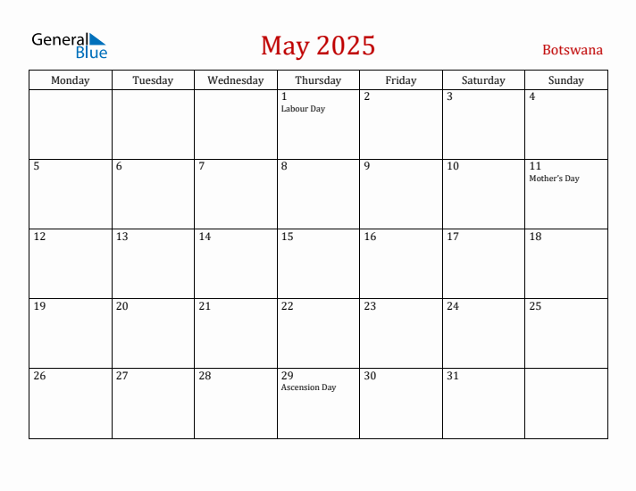 Botswana May 2025 Calendar - Monday Start