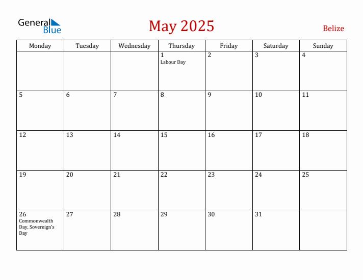 Belize May 2025 Calendar - Monday Start