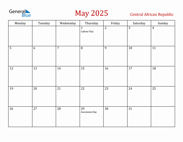 Central African Republic May 2025 Calendar - Monday Start