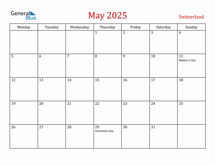 Switzerland May 2025 Calendar - Monday Start