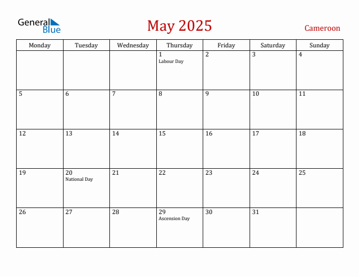 Cameroon May 2025 Calendar - Monday Start