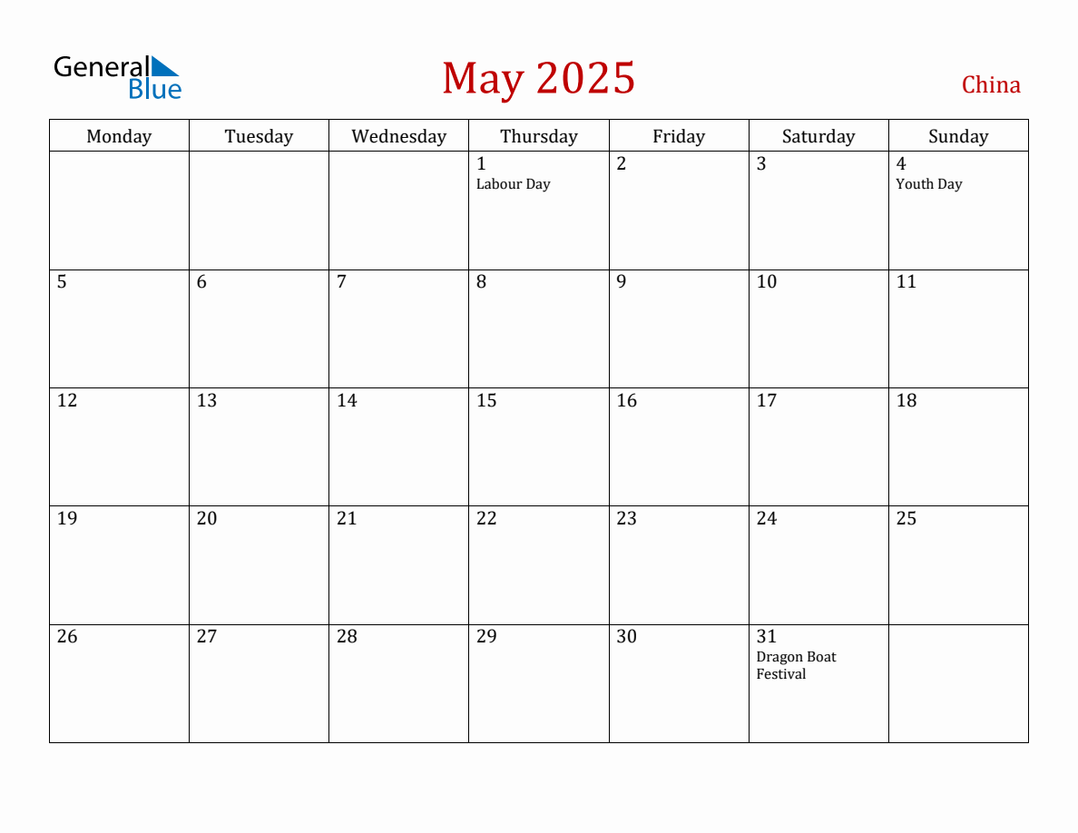 May 2025 China Monthly Calendar with Holidays