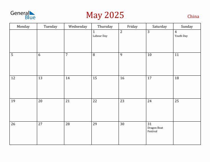China May 2025 Calendar - Monday Start