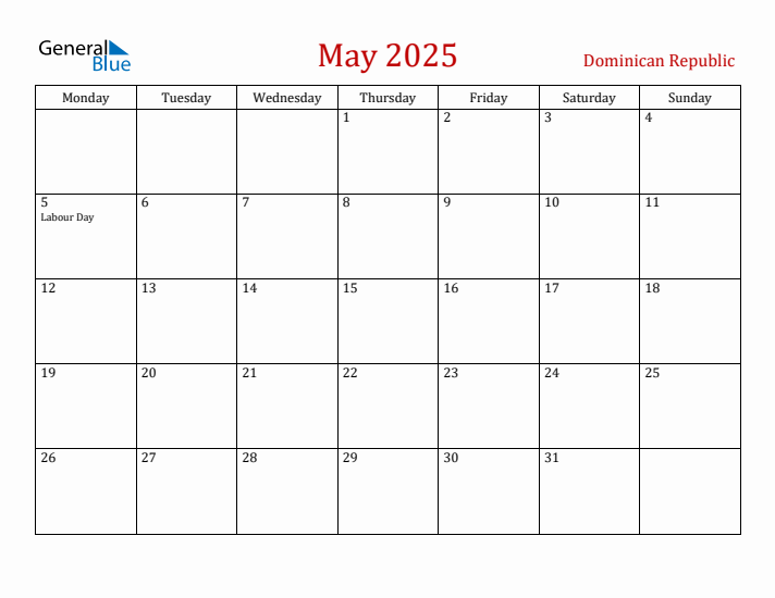 Dominican Republic May 2025 Calendar - Monday Start
