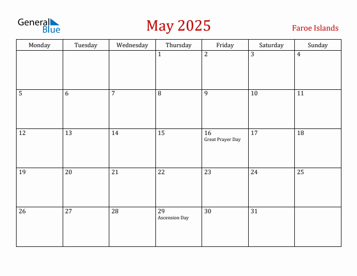 Faroe Islands May 2025 Calendar - Monday Start
