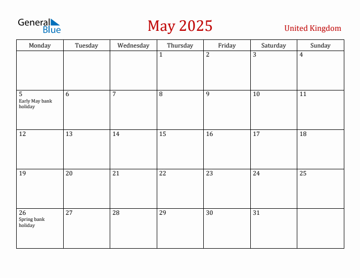 United Kingdom May 2025 Calendar - Monday Start