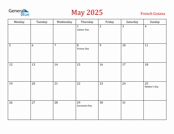 French Guiana May 2025 Calendar - Monday Start