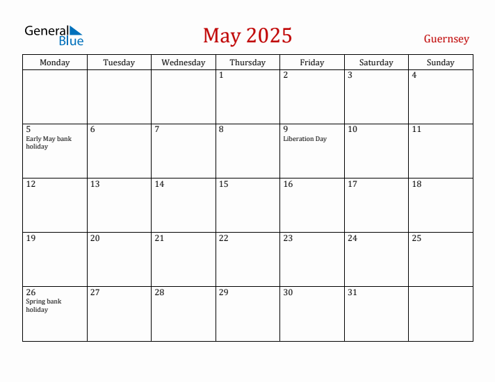 Guernsey May 2025 Calendar - Monday Start