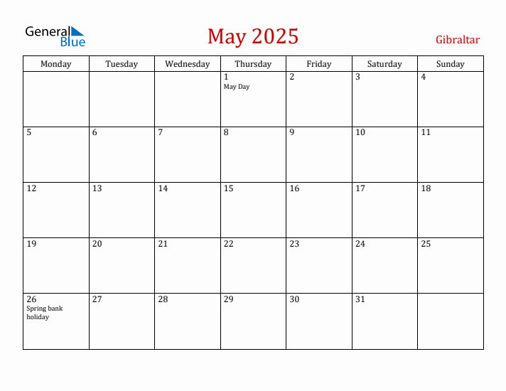 Gibraltar May 2025 Calendar - Monday Start