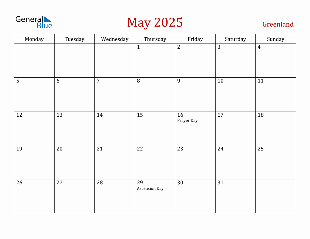 May 2025 Greenland Monthly Calendar with Holidays