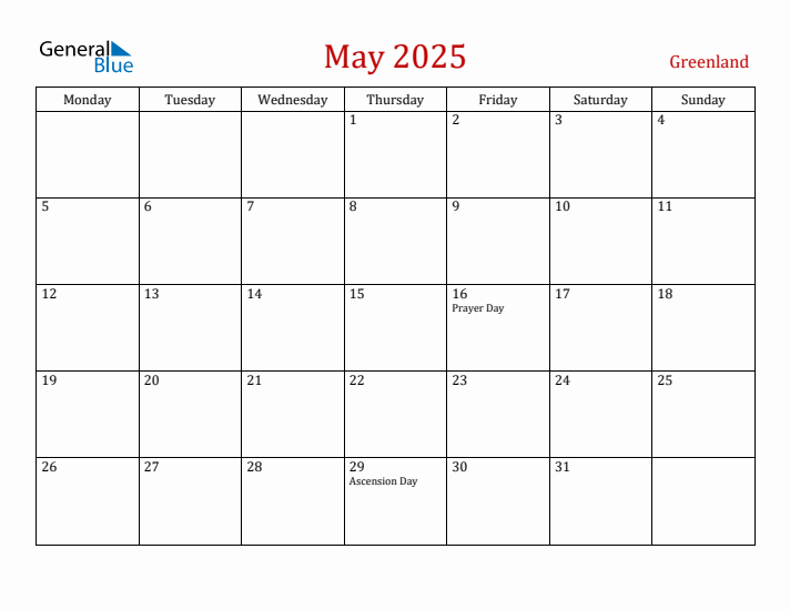 Greenland May 2025 Calendar - Monday Start