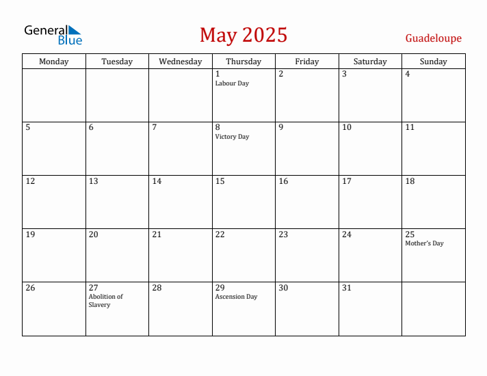 Guadeloupe May 2025 Calendar - Monday Start