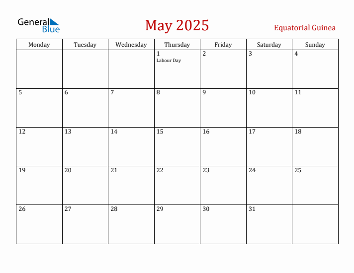 Equatorial Guinea May 2025 Calendar - Monday Start
