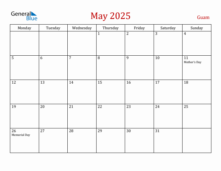 Guam May 2025 Calendar - Monday Start