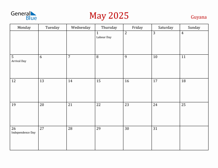 Guyana May 2025 Calendar - Monday Start