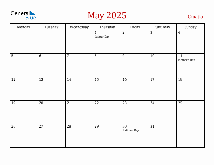 Croatia May 2025 Calendar - Monday Start