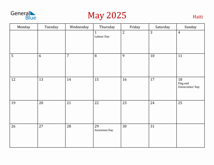 Haiti May 2025 Calendar - Monday Start