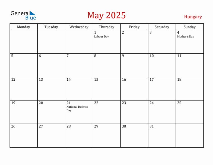 Hungary May 2025 Calendar - Monday Start