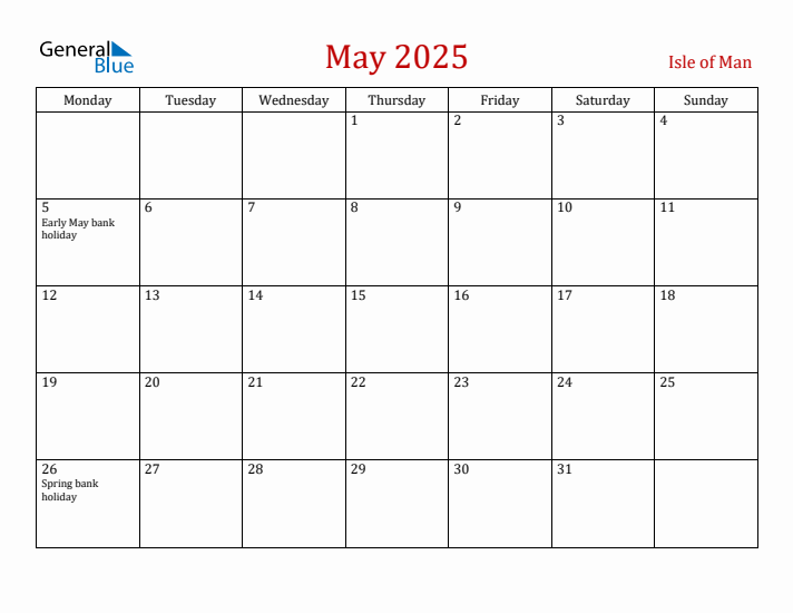 Isle of Man May 2025 Calendar - Monday Start