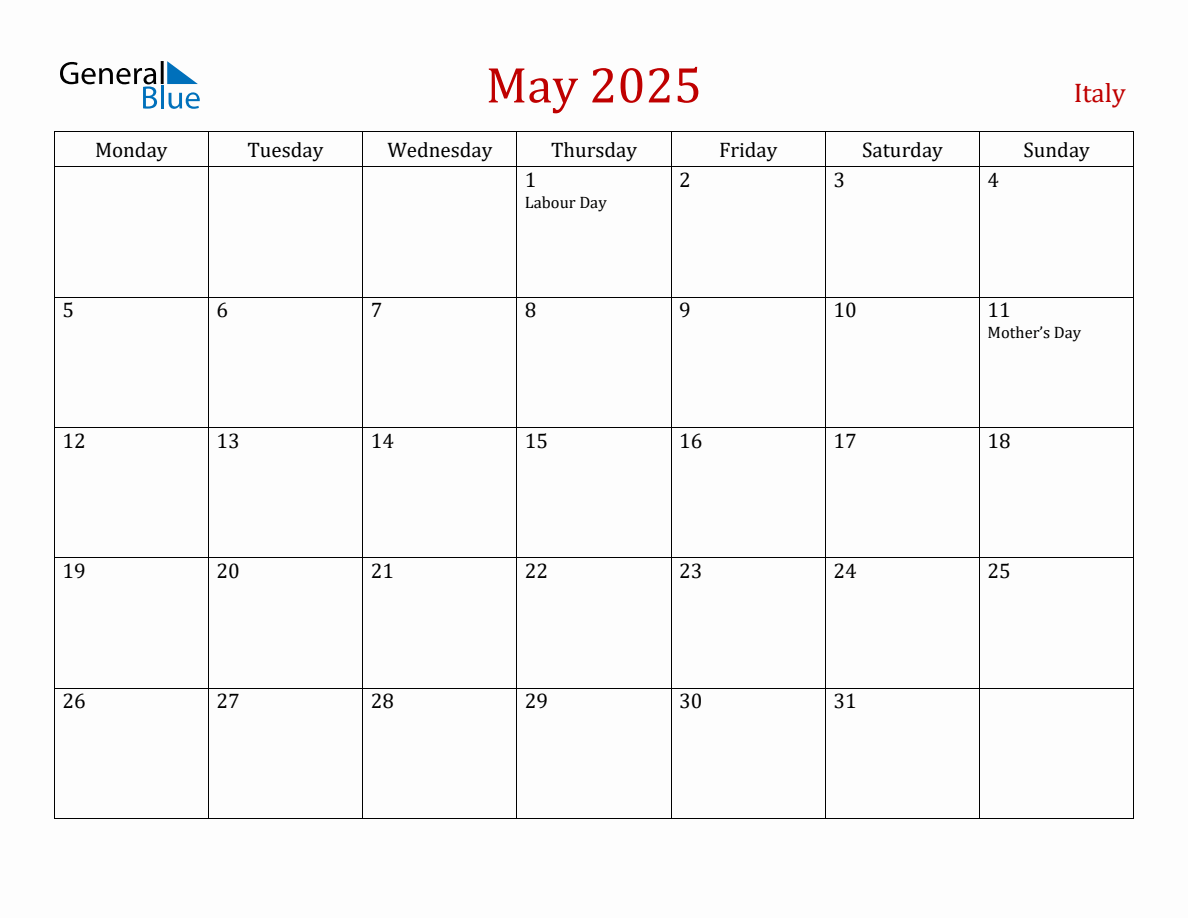 May 2025 Italy Monthly Calendar with Holidays