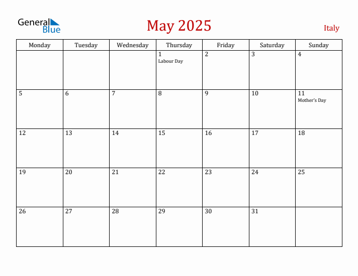 Italy May 2025 Calendar - Monday Start