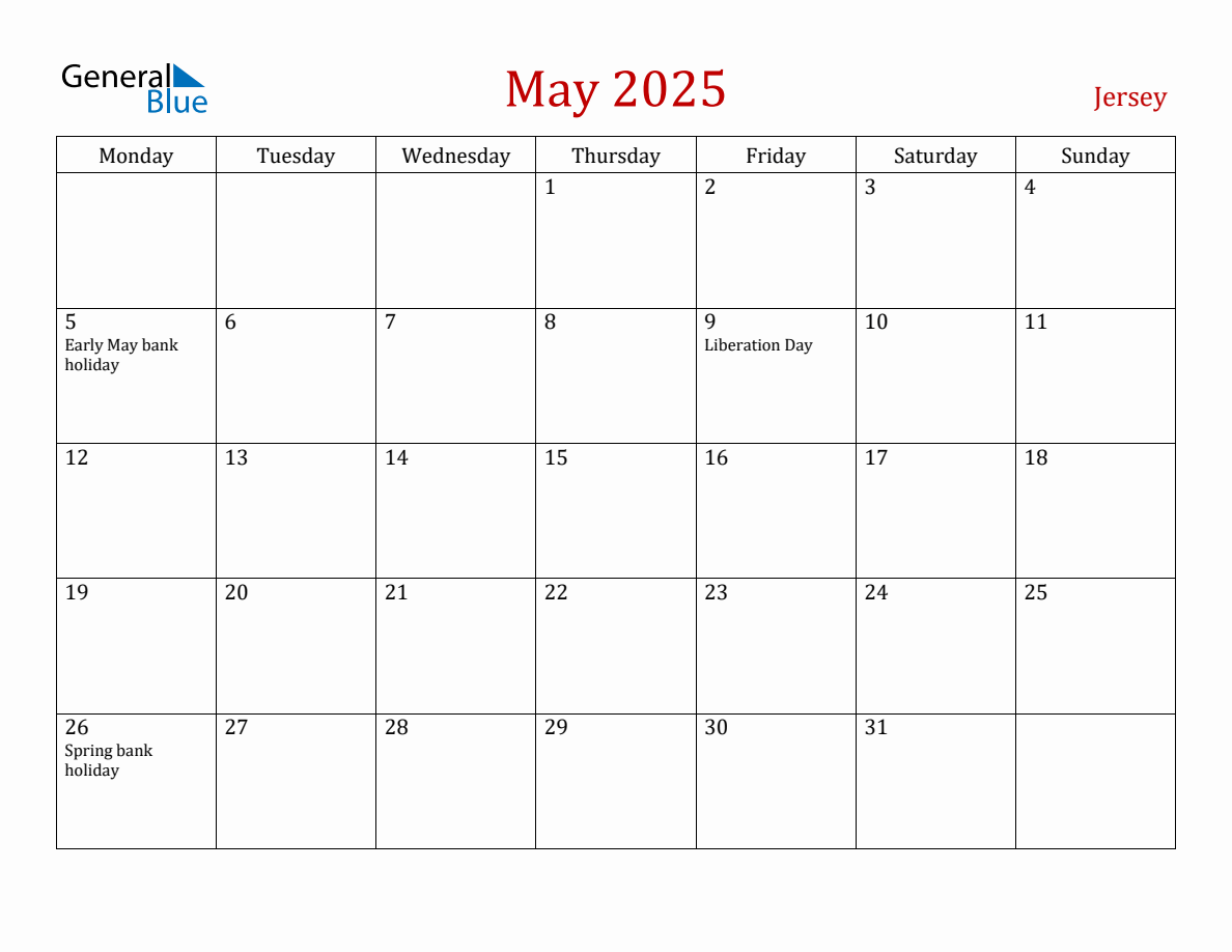 May 2025 Jersey Monthly Calendar with Holidays