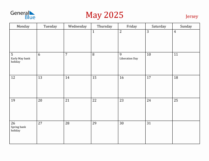 Jersey May 2025 Calendar - Monday Start