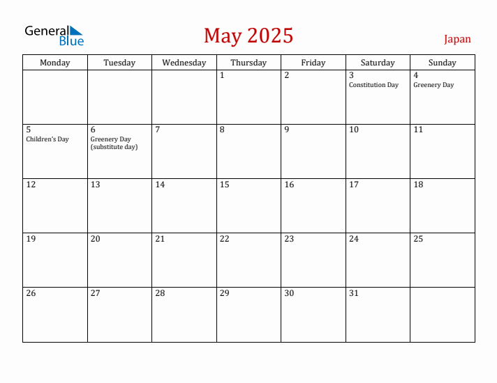 Japan May 2025 Calendar - Monday Start