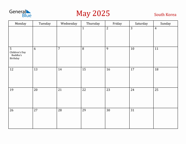 South Korea May 2025 Calendar - Monday Start