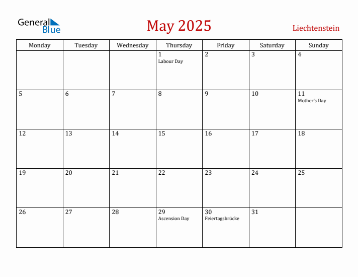 Liechtenstein May 2025 Calendar - Monday Start