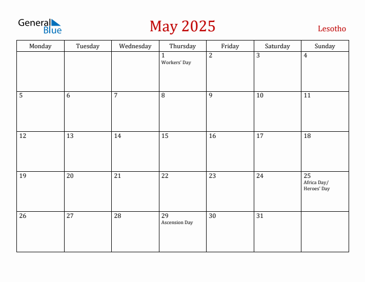 Lesotho May 2025 Calendar - Monday Start