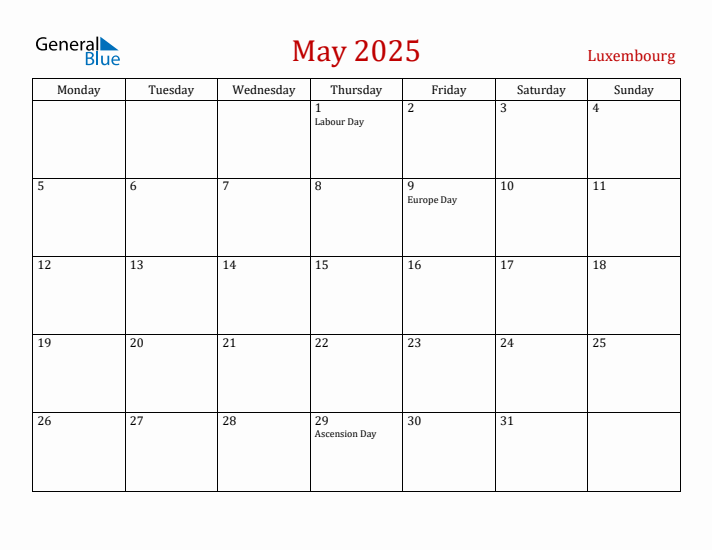 Luxembourg May 2025 Calendar - Monday Start