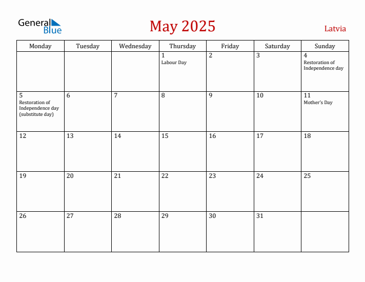 Latvia May 2025 Calendar - Monday Start