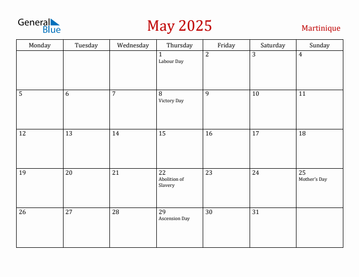 Martinique May 2025 Calendar - Monday Start
