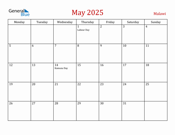 Malawi May 2025 Calendar - Monday Start