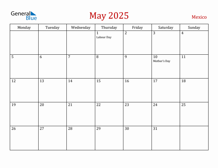 Mexico May 2025 Calendar - Monday Start