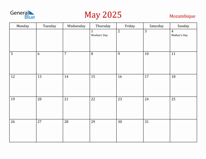 Mozambique May 2025 Calendar - Monday Start