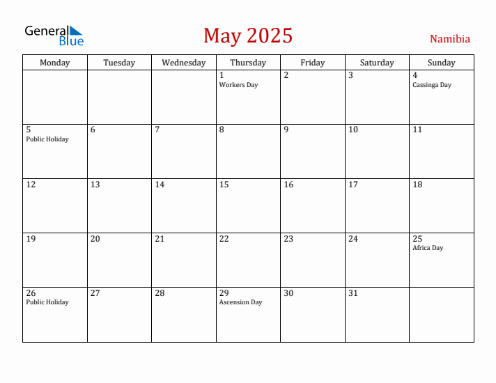 Namibia May 2025 Calendar - Monday Start