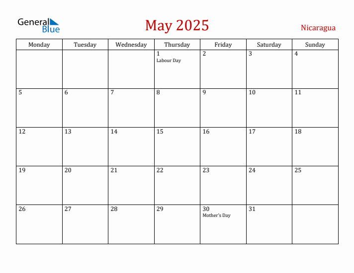 Nicaragua May 2025 Calendar - Monday Start