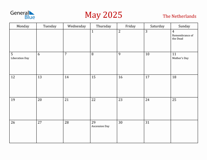The Netherlands May 2025 Calendar - Monday Start