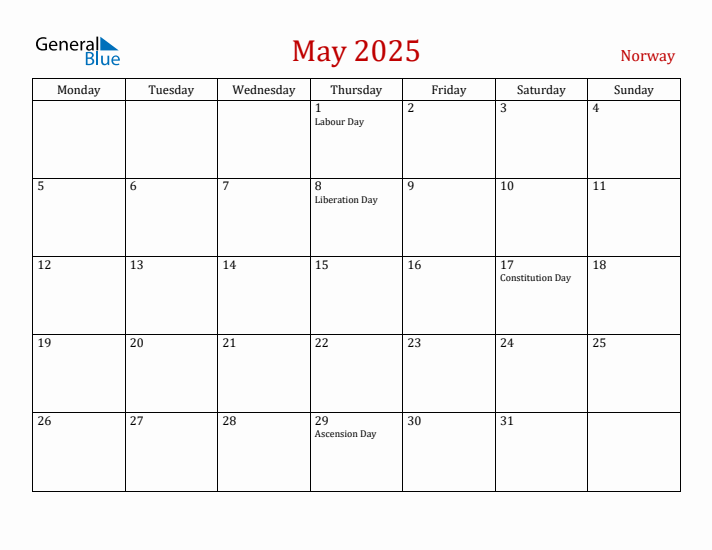 Norway May 2025 Calendar - Monday Start