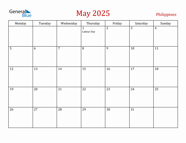 Philippines May 2025 Calendar - Monday Start
