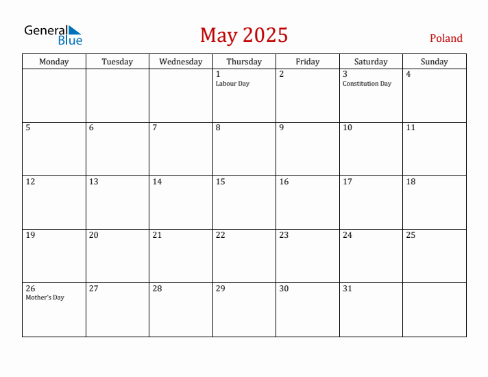 Poland May 2025 Calendar - Monday Start