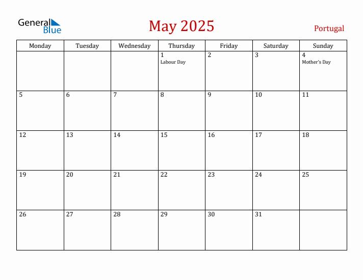 Portugal May 2025 Calendar - Monday Start