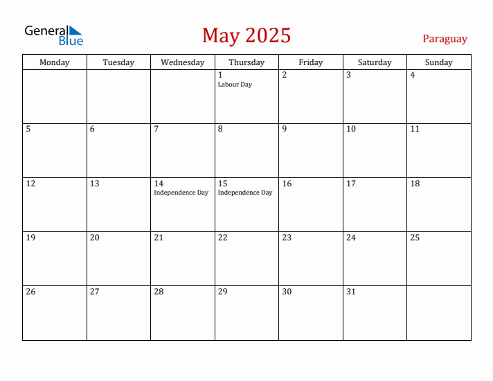 Paraguay May 2025 Calendar - Monday Start
