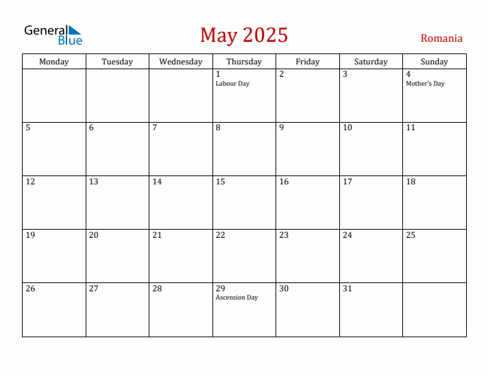 May 2025 Romania Monthly Calendar with Holidays