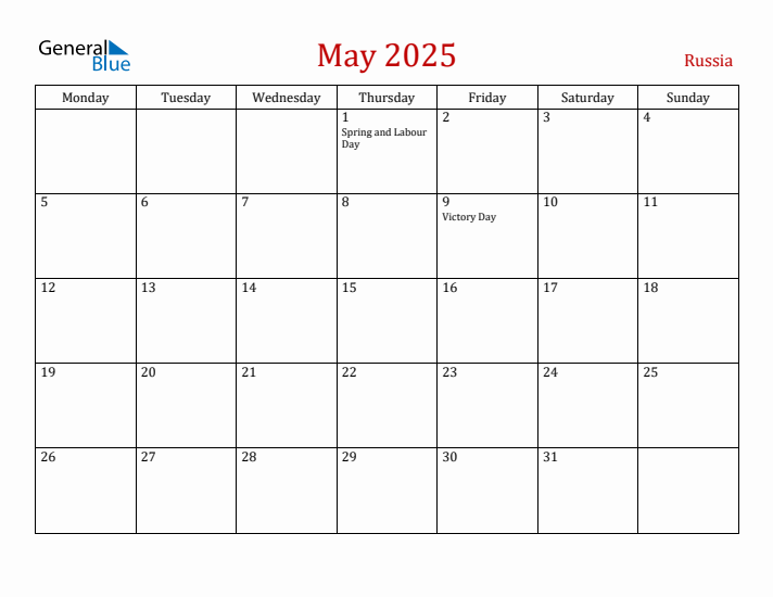 Russia May 2025 Calendar - Monday Start
