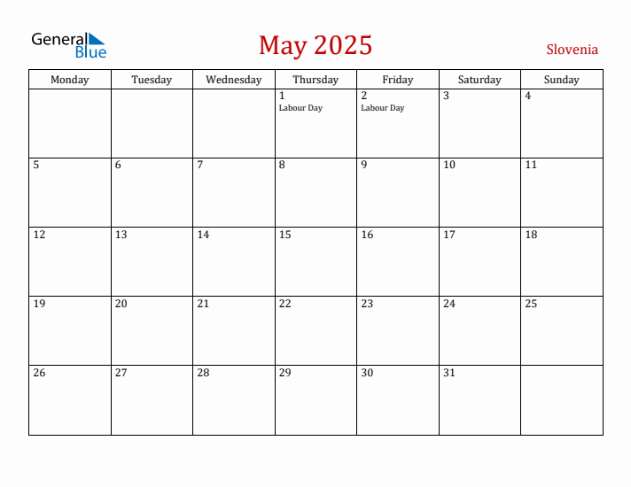 Slovenia May 2025 Calendar - Monday Start