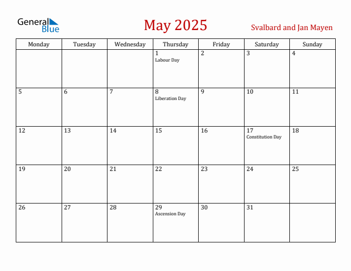 Svalbard and Jan Mayen May 2025 Calendar - Monday Start